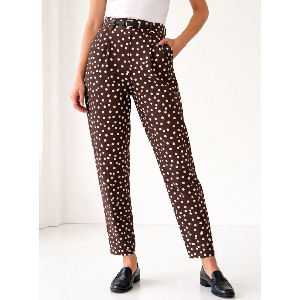Vintage YSL Yves Saint Laurent Brown Polka Dot High Waisted Pleated Pants Size 6